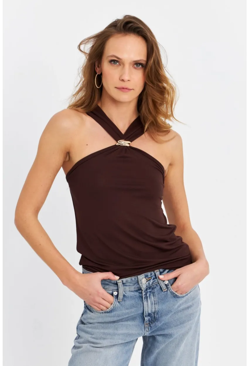 Kadın Kahverengi Aksesuarlı Bluz EY3068