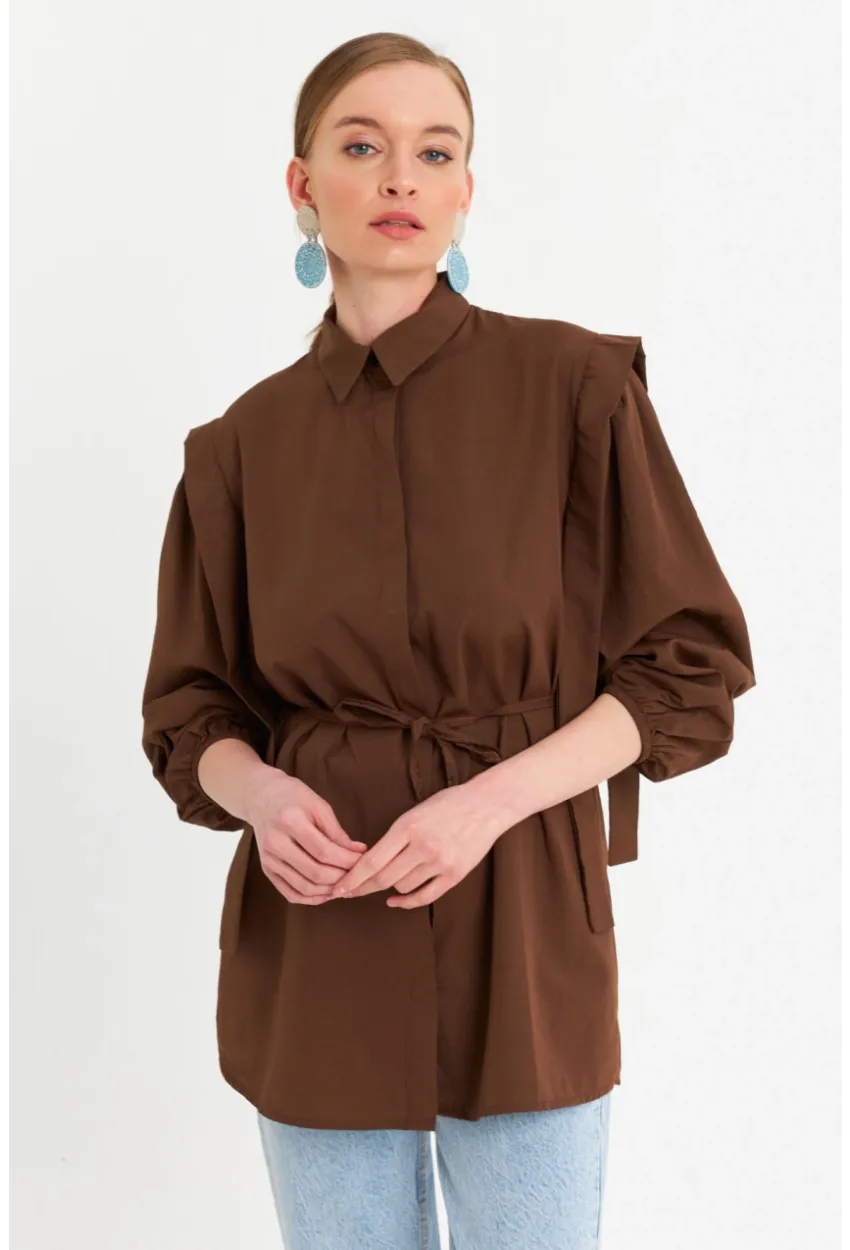 Kadın Kahverengi Bağlama Detaylı Basic Gömlek MASF185