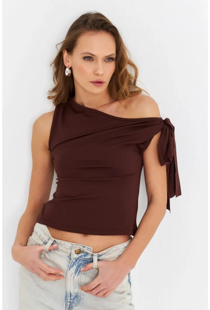 Kadın Kahverengi Bağlama Detaylı Bluz TF50