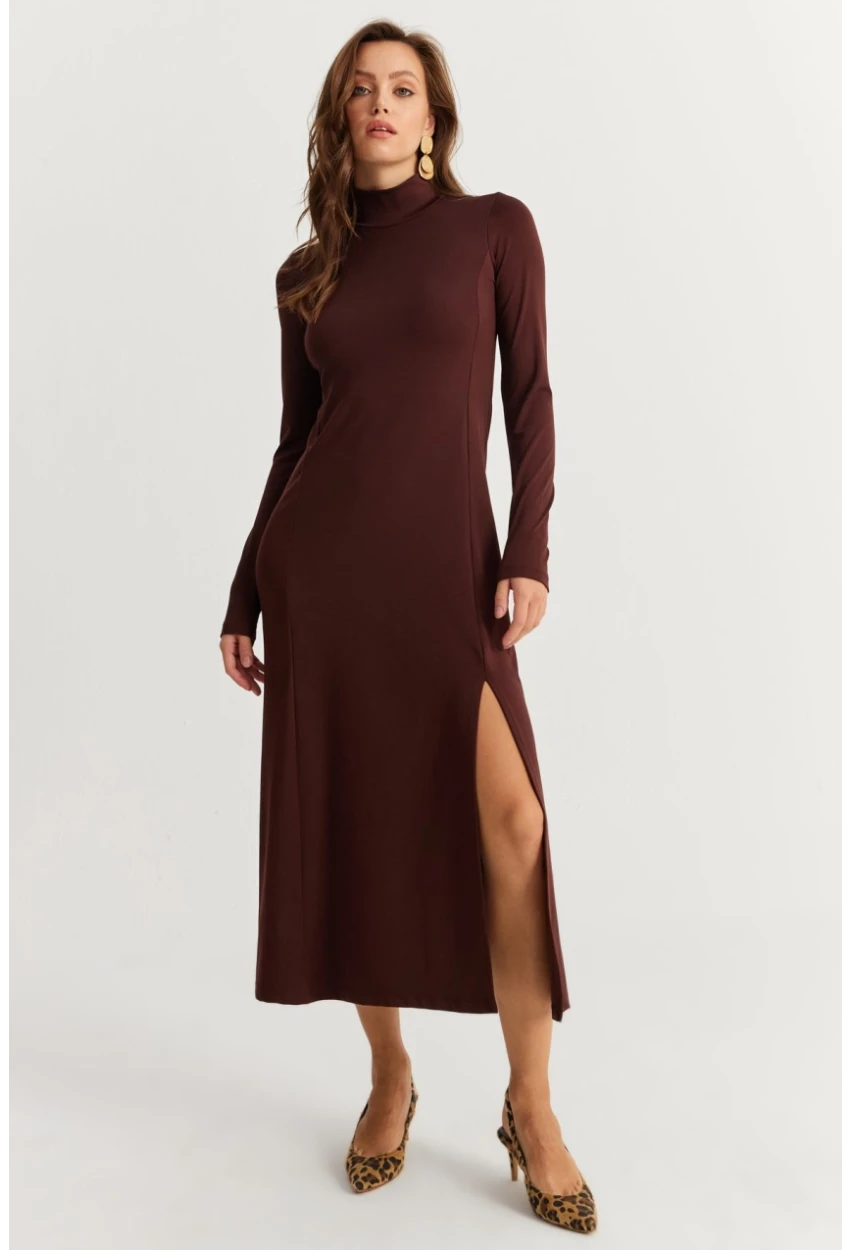 Kadın Kahverengi Balıkçı Yaka Midi Elbise HOR15