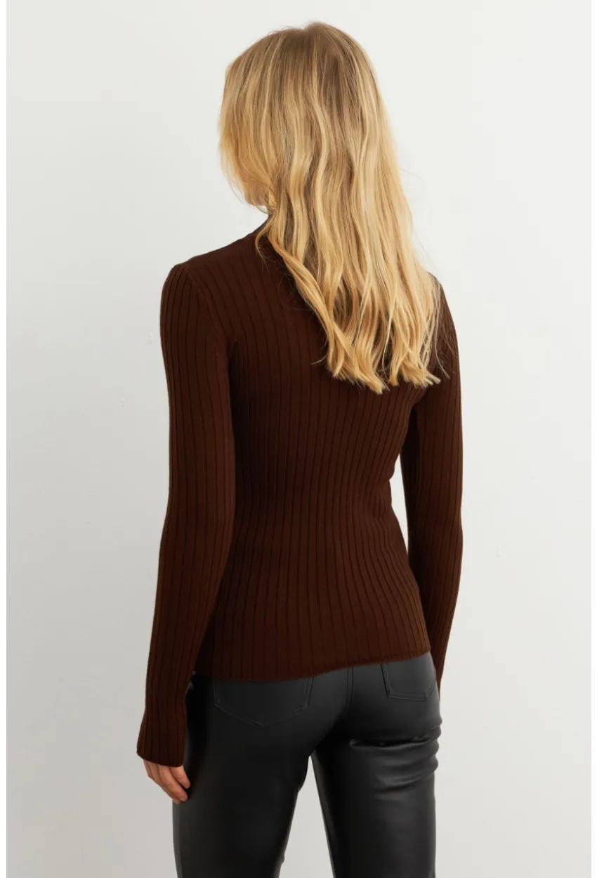 Kadın Kahverengi Balıkçı Yaka Triko Bluz MYV102-90