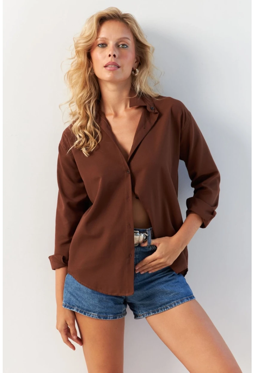 Kadın Kahverengi Basic Gömlek HNT02