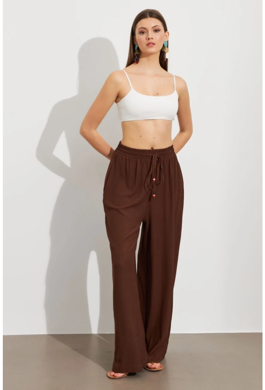 Kadın Kahverengi Beli Lastikli Bürümcük Pantolon ROP105