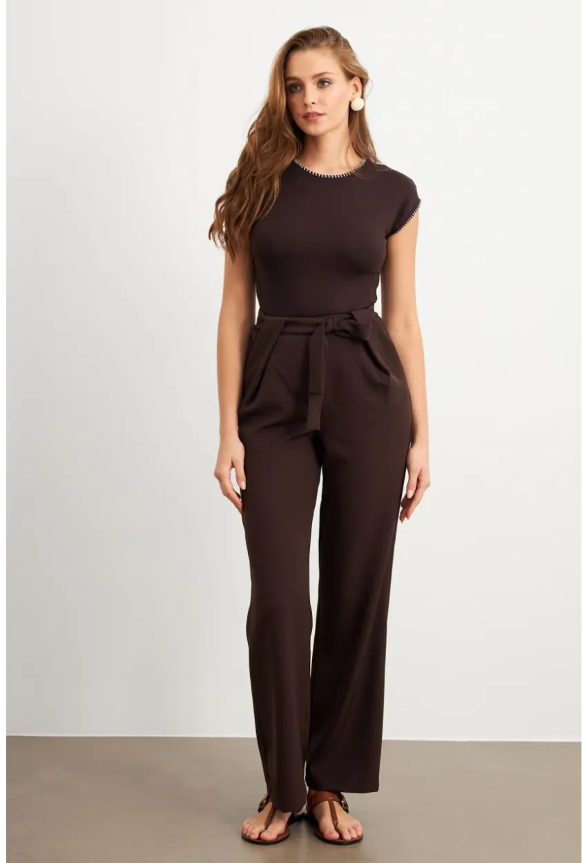 Kadın Kahverengi Beli Lastikli Kuşaklı Pantolon FLU7251