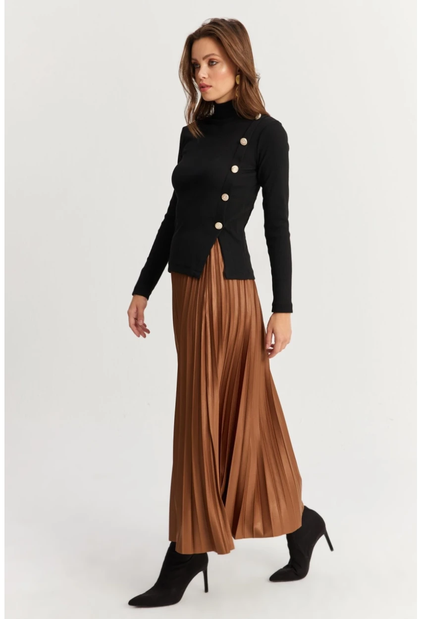 Kadın Kahverengi Beli Lastikli Pilise Etek GÇ190