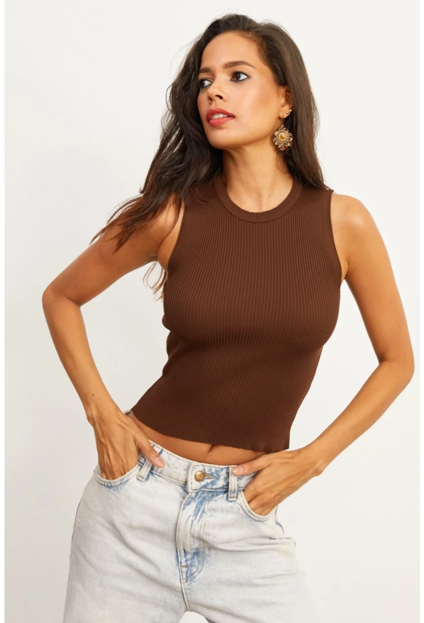 Kadın Kahverengi Bisiklet Yaka Triko Bluz YV91