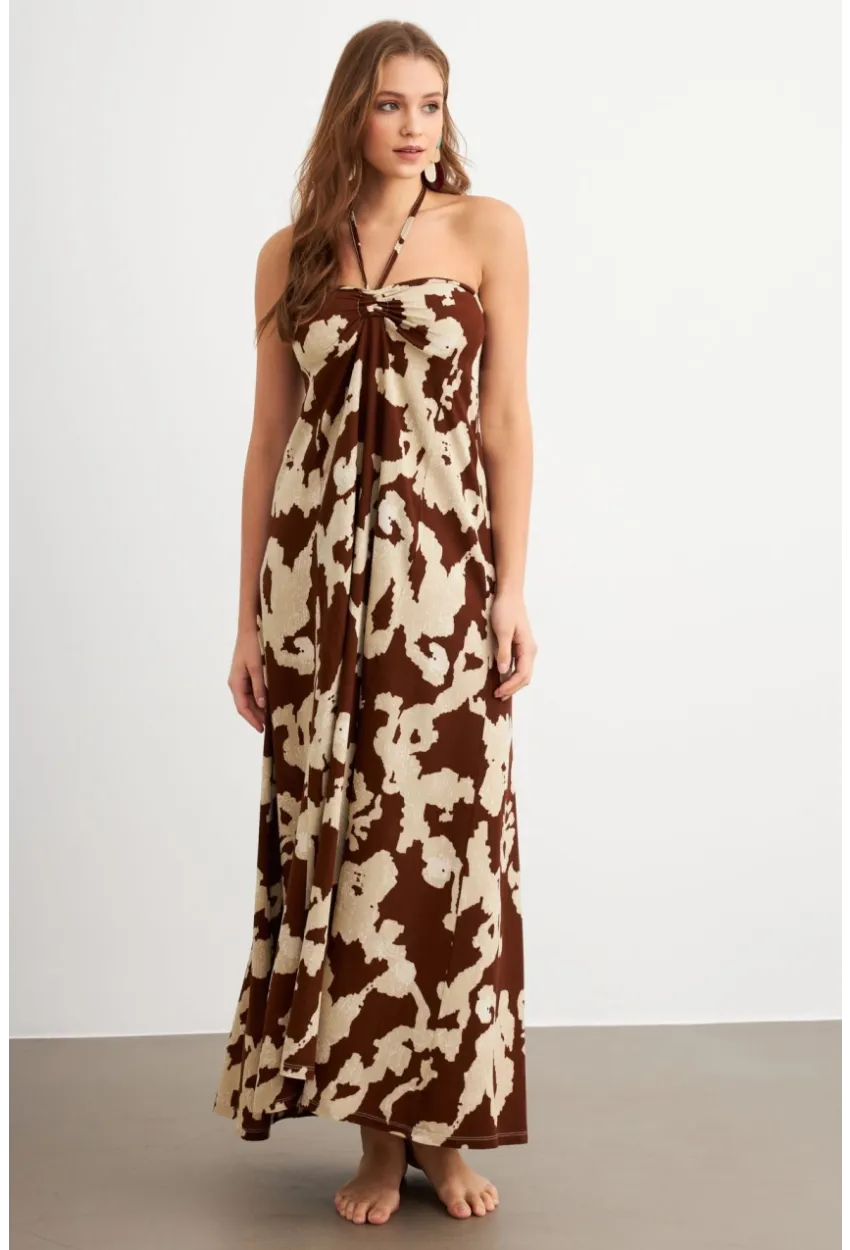 Kadın Kahverengi Büzgülü Desenli Midi Elbise KAB304