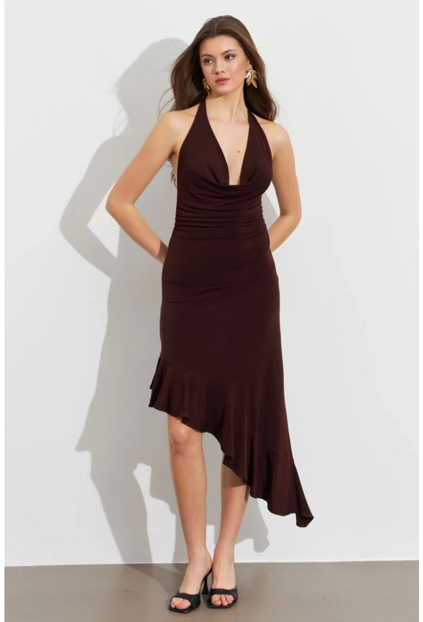Kadın Kahverengi Degaje Asimetrik Midi Elbise İRE1436
