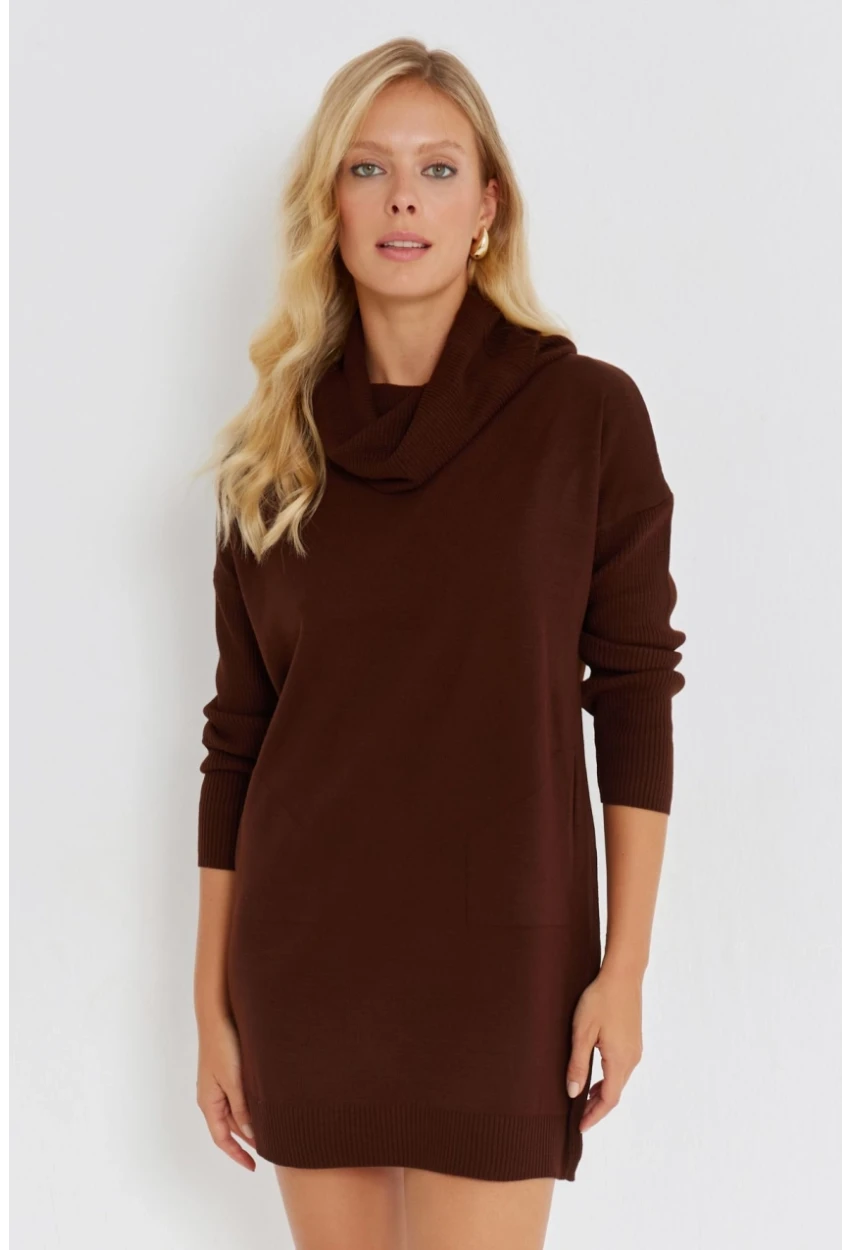 Kadın Kahverengi Degaje Yaka Triko Mini Elbise YV73