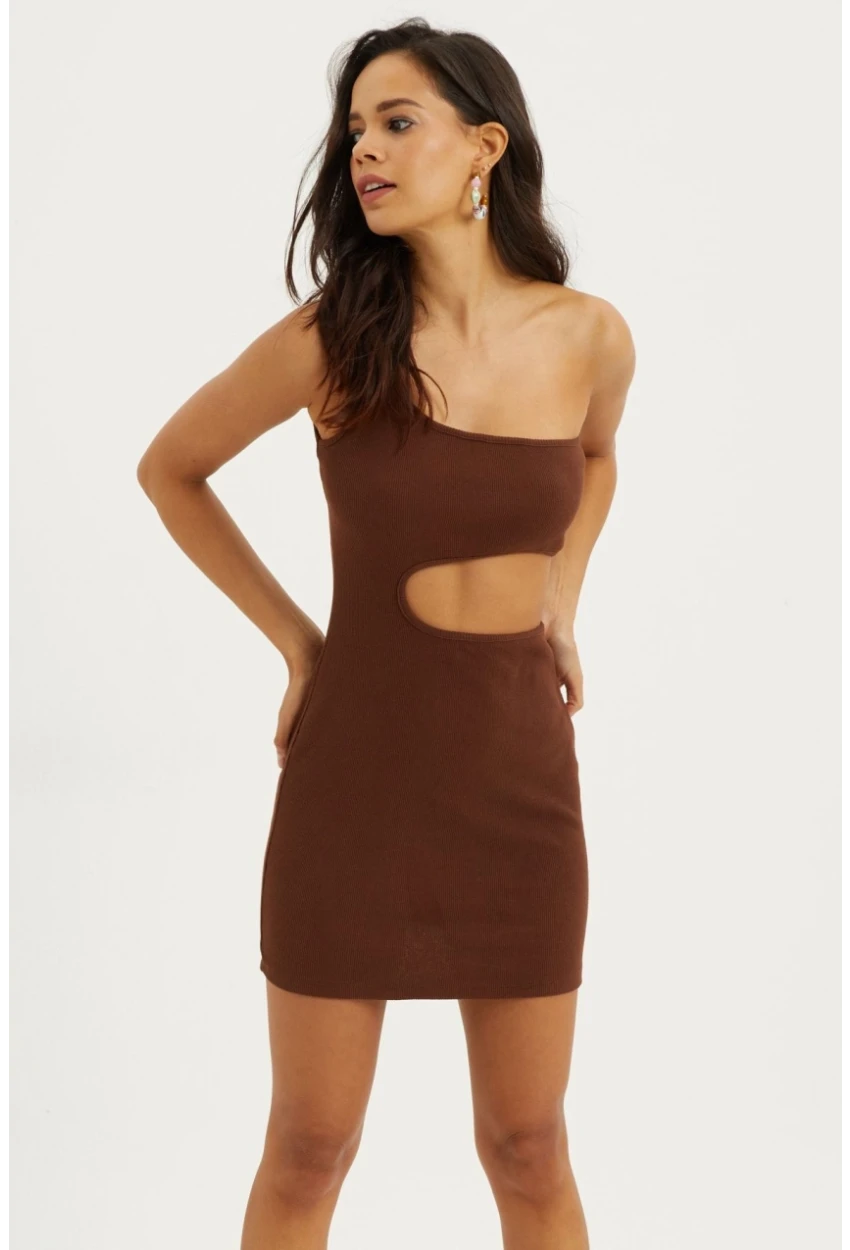 Kadın Kahverengi Dekolteli Mini Elbise B1817