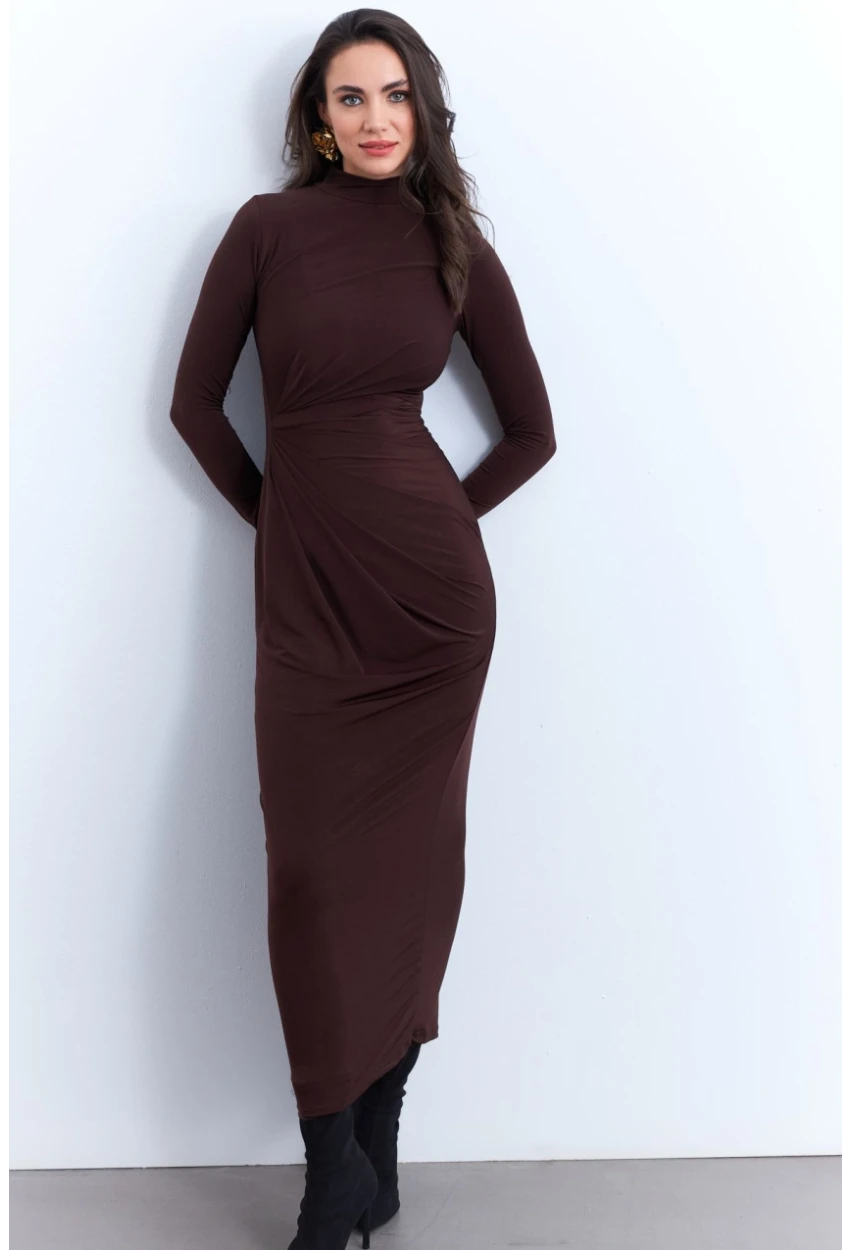Kadın Kahverengi Drapeli Maxi Elbise LİK12