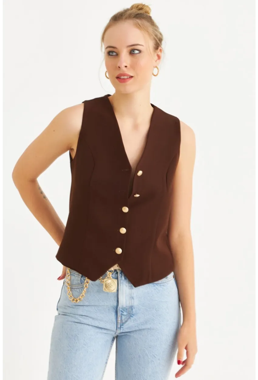Kadın Kahverengi Düğme Detaylı Astarlı Yelek SGT410