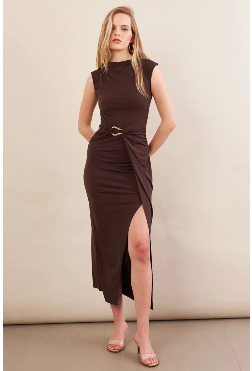Kadın Kahverengi Eteği Kruvaze Tokalı Midi elbise KED7340