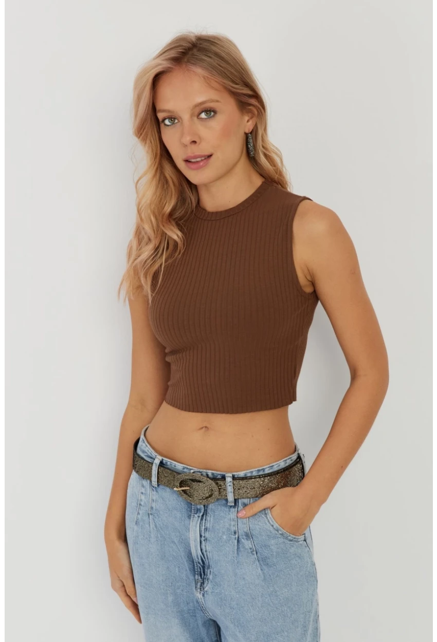 Kadın Kahverengi Fitilli Crop Bluz LPP1262