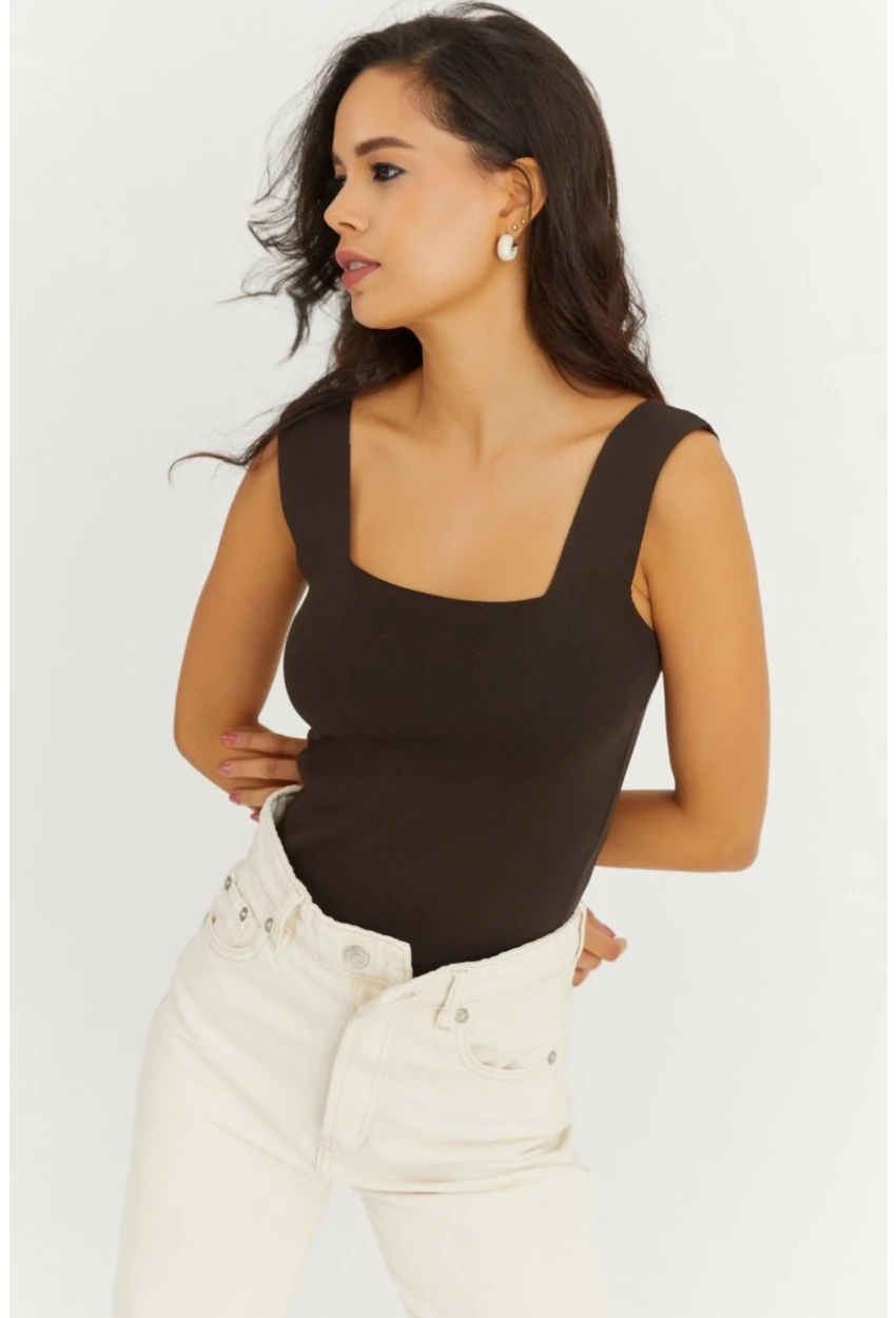 Kadın Kahverengi Kare Yaka Triko Bluz YV80