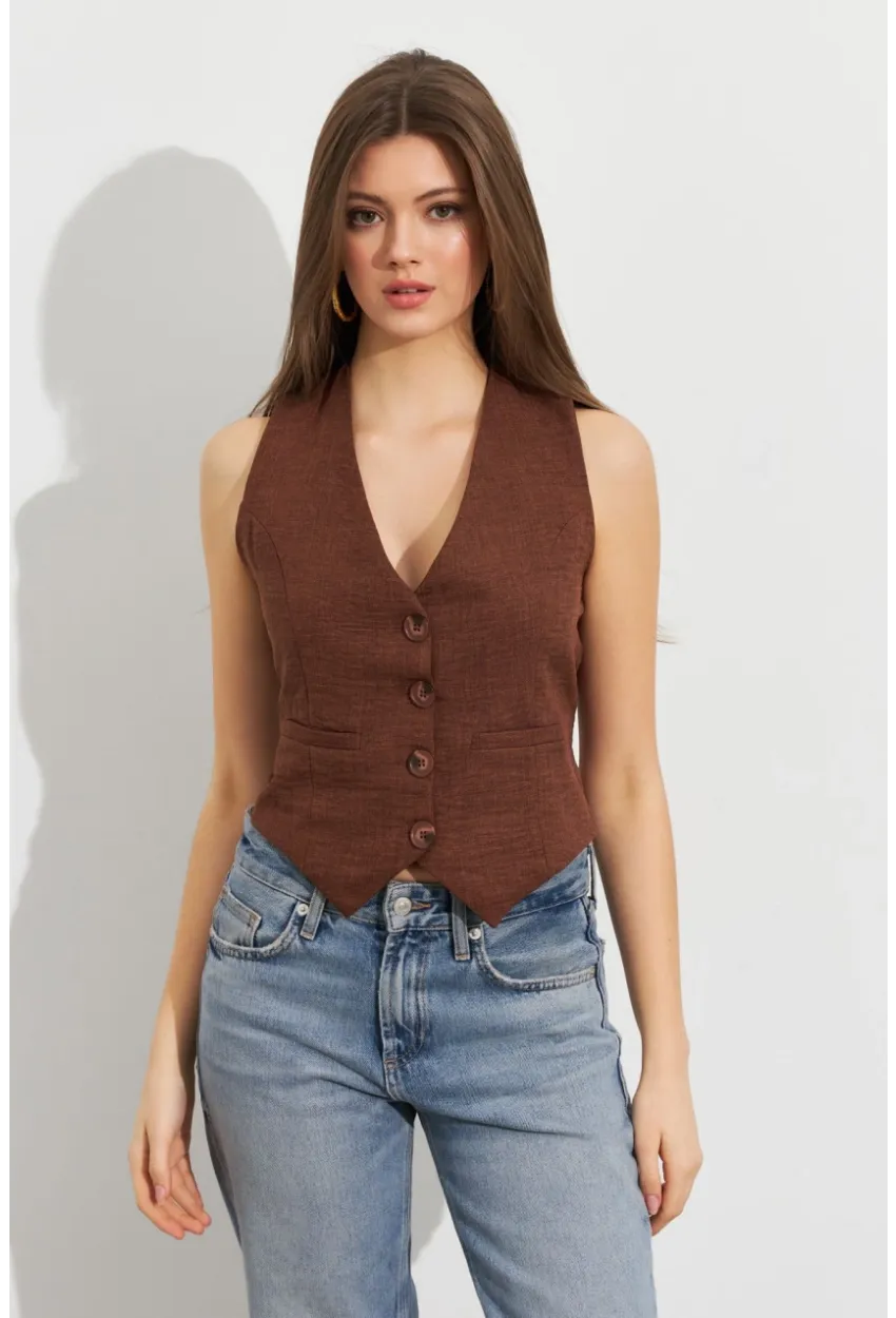 Kadın Kahverengi Keten Astarlı Yelek TW60046