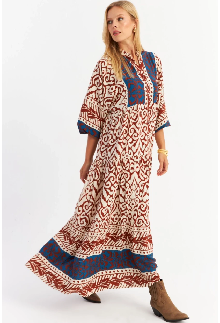 Kadın Kahverengi-Lacivert Volanlı Maxi Elbise MALO11