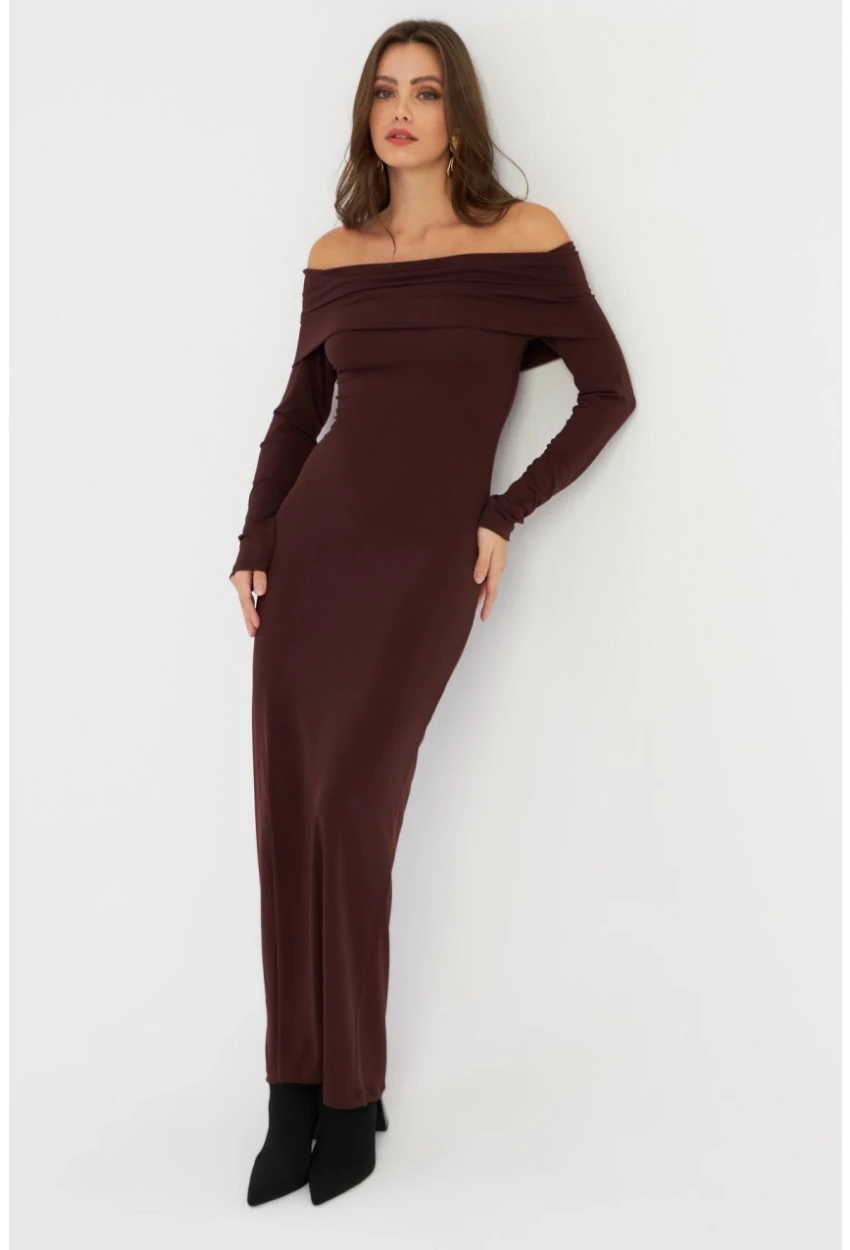 Kadın Kahverengi Madonna Yaka Maxi Elbise LİK10