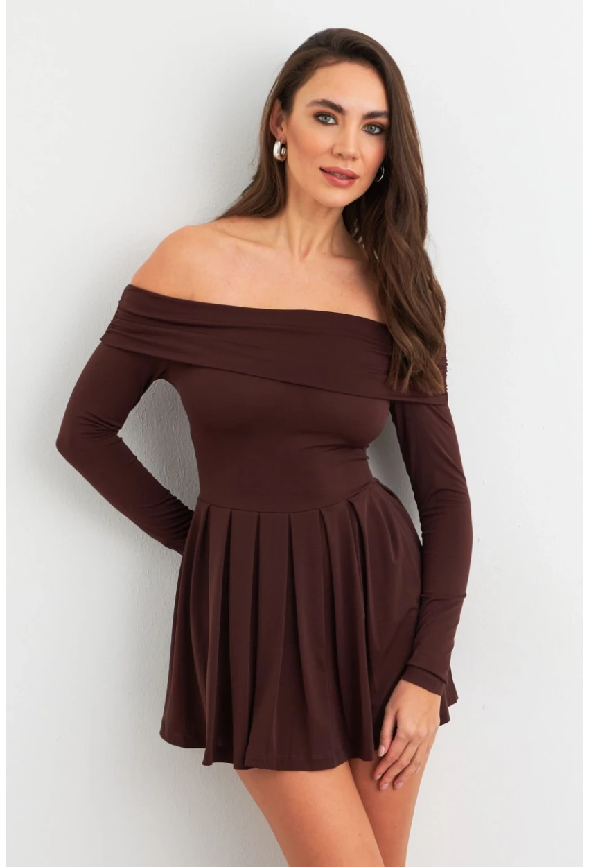 Kadın Kahverengi Madonna Yaka Midi Elbise MON1262