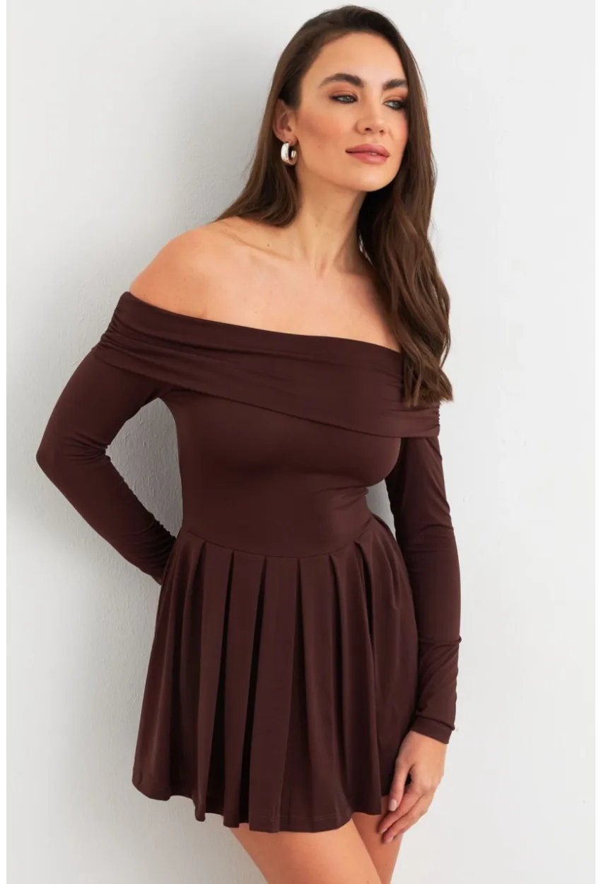 Kadın Kahverengi Madonna Yaka Midi Elbise MON1262