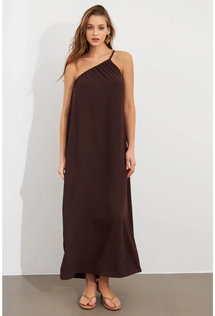Kadın Kahverengi Tek Omuz Maxi Elbise İRE1012