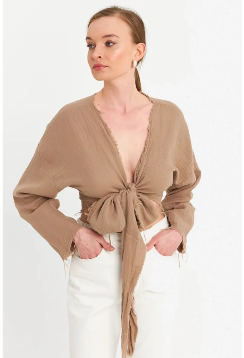 Kadın Kahverengi Müslin Crop Bluz PC20700