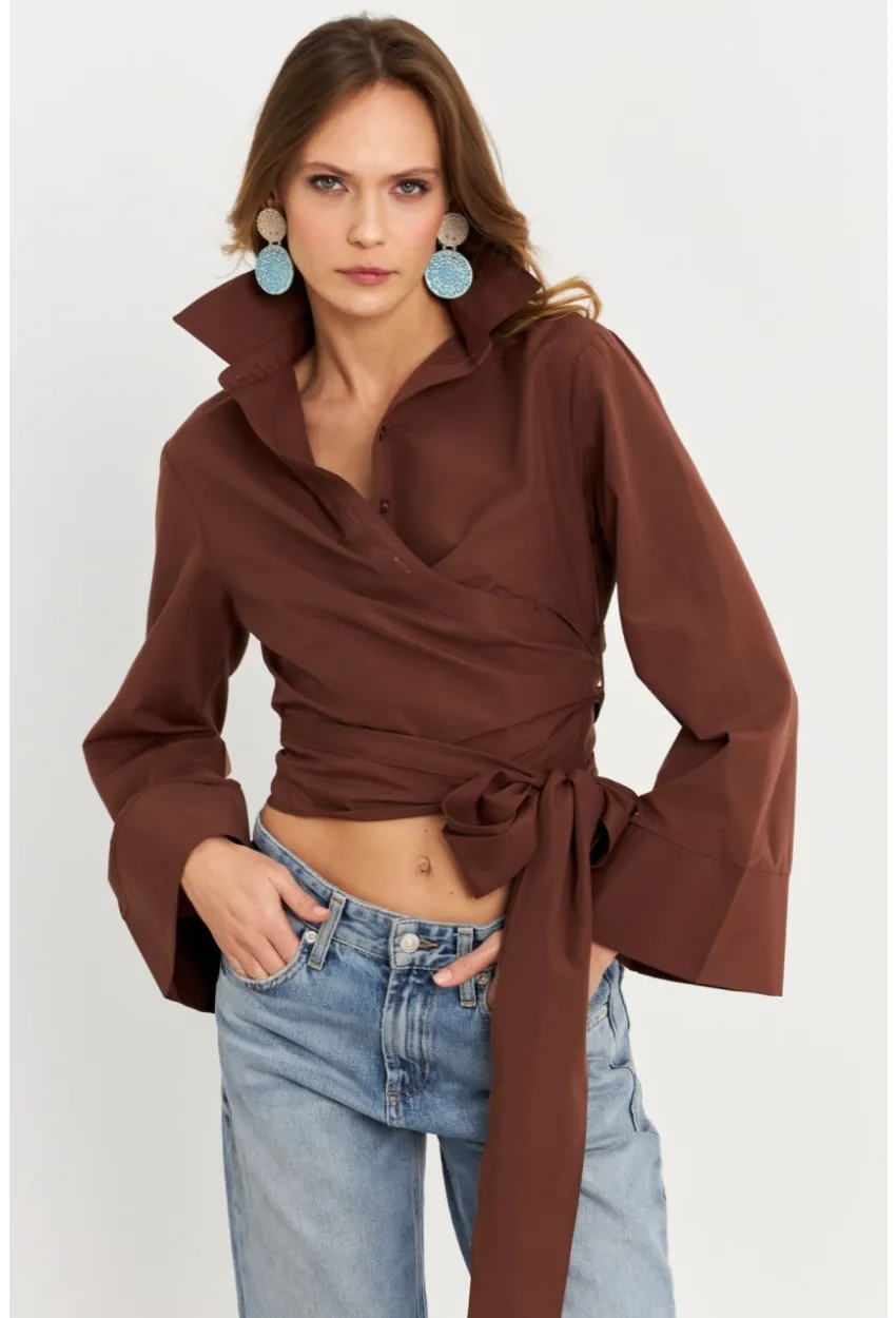 Kadın Kahverengi Önü Bağlamalı İspanyol Kol Gömlek MON142
