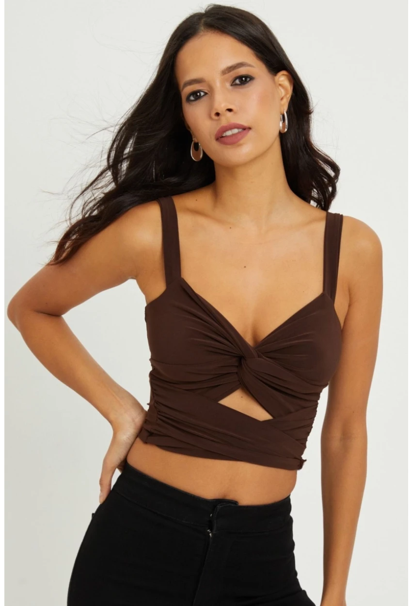 Kadın Kahverengi Önü Büzgülü Crop Bluz B189