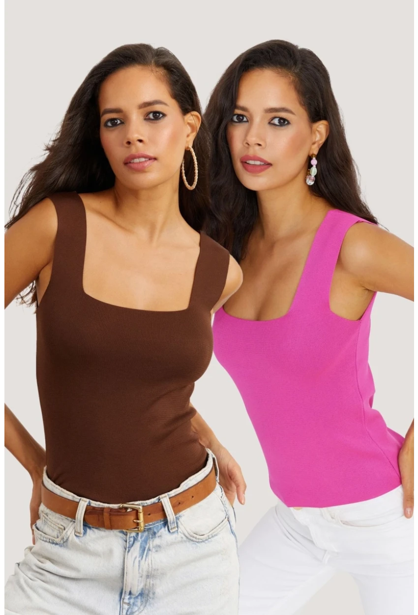 Kadın Kahverengi-Pembe İkili Kare Yaka Triko Bluz YV124