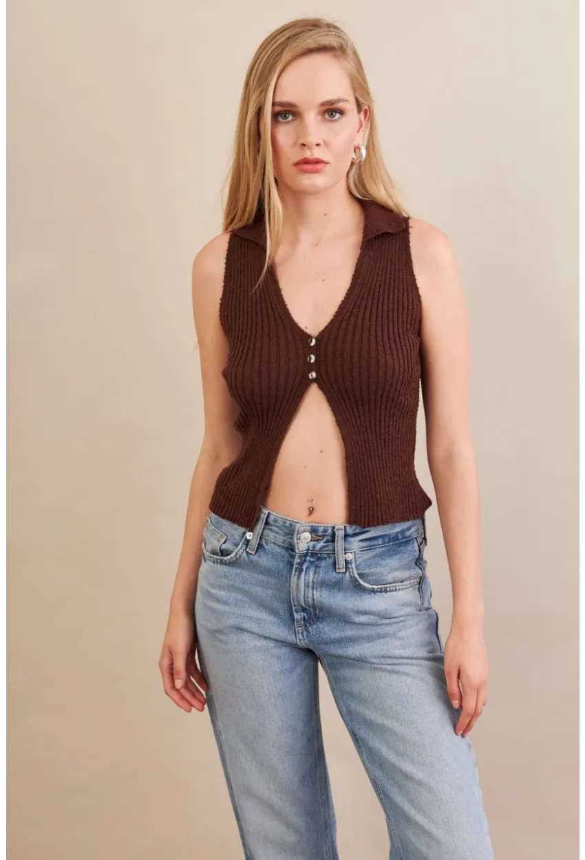 Kadın Kahverengi Polo Yaka Yumoş Yelek ZH050