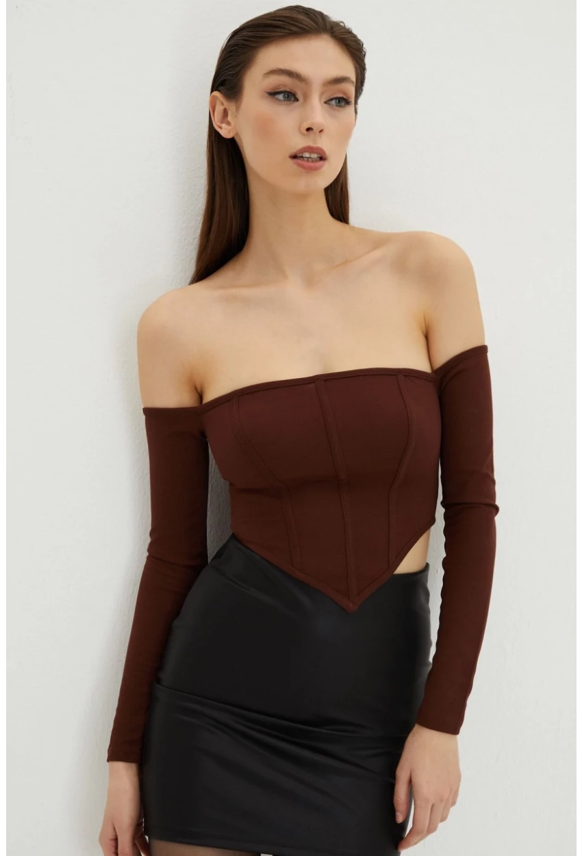 Kadın Kahverengi Sırt Fermuarlı Crop Bluz B518