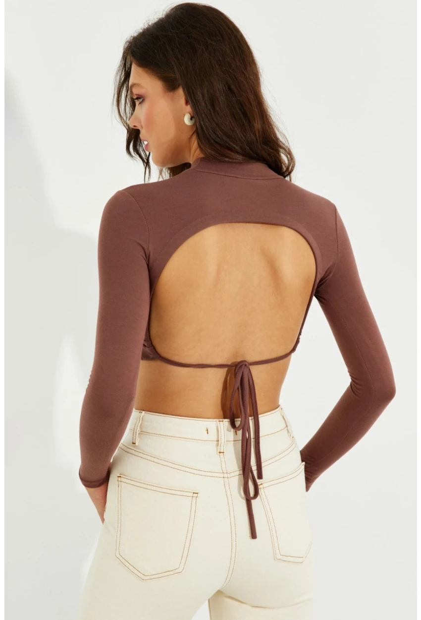 Kadın Kahverengi Sırtı Açık Crop Bluz LPP1232