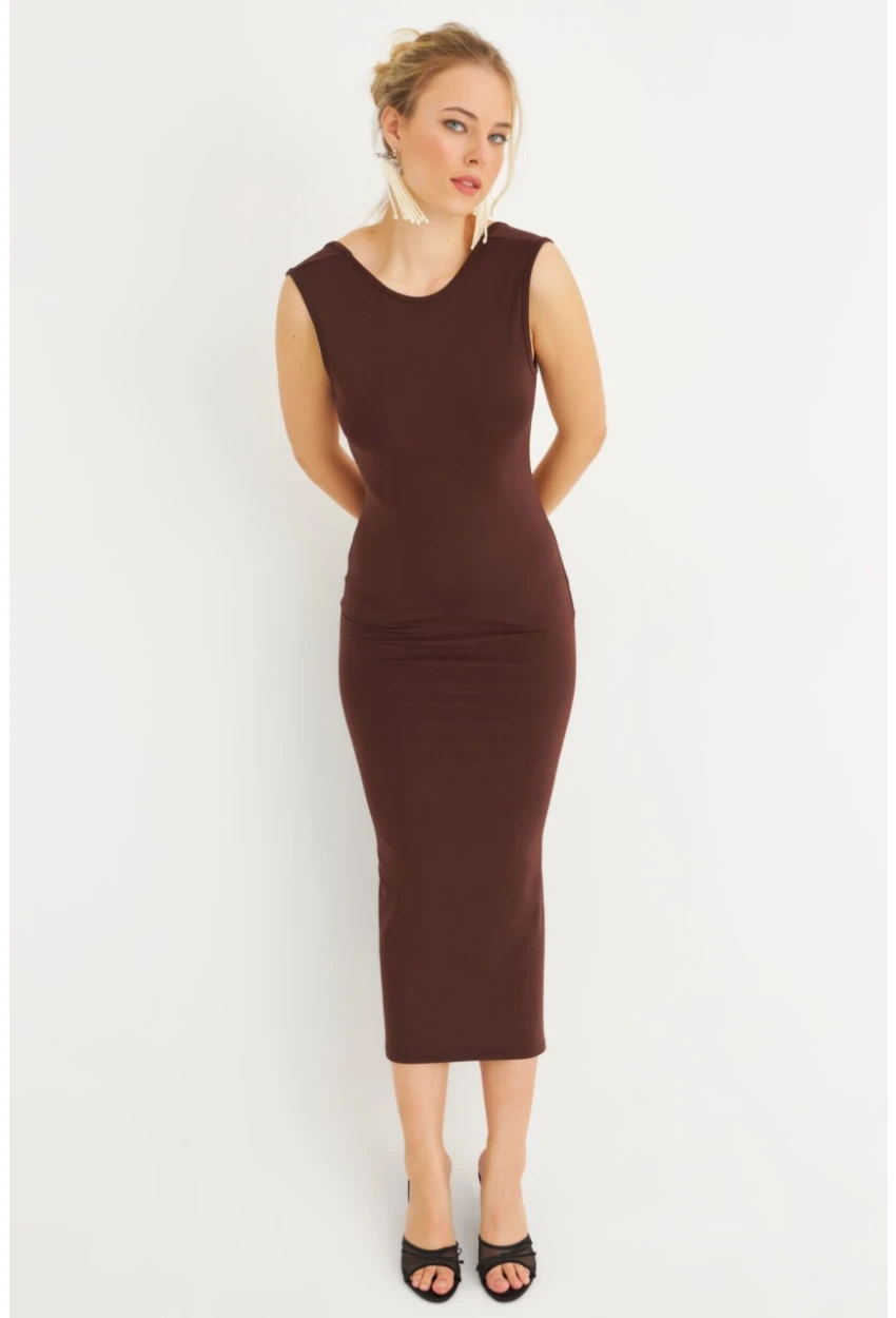 Kadın Kahverengi Sırtı Açık Midi Elbise YEL221672