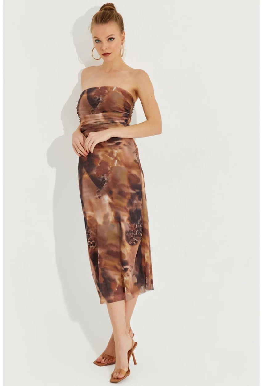 Kadın Kahverengi Straplez Midi Tül Elbise YEL221309