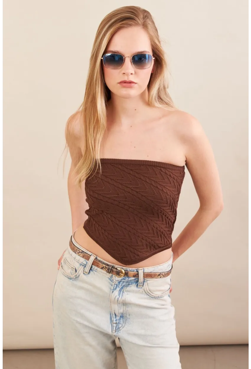 Kadın Kahverengi Straplez Triko Crop Bluz ZH049