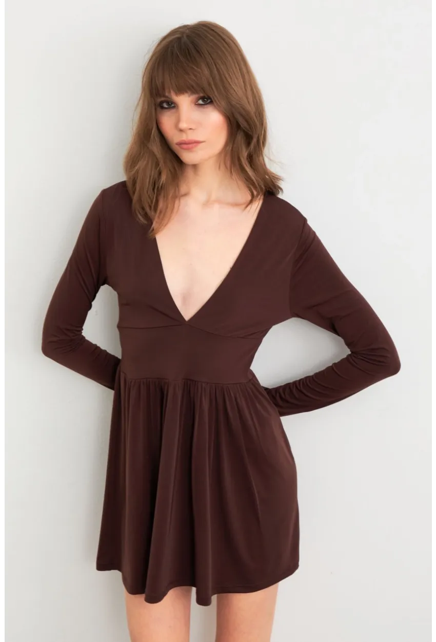 Kadın Kahverengi V Yaka Mini Elbise LİK17