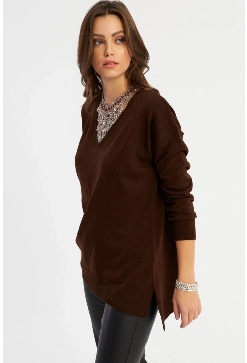 Kadın Kahverengi V Yaka Triko Bluz YİL557