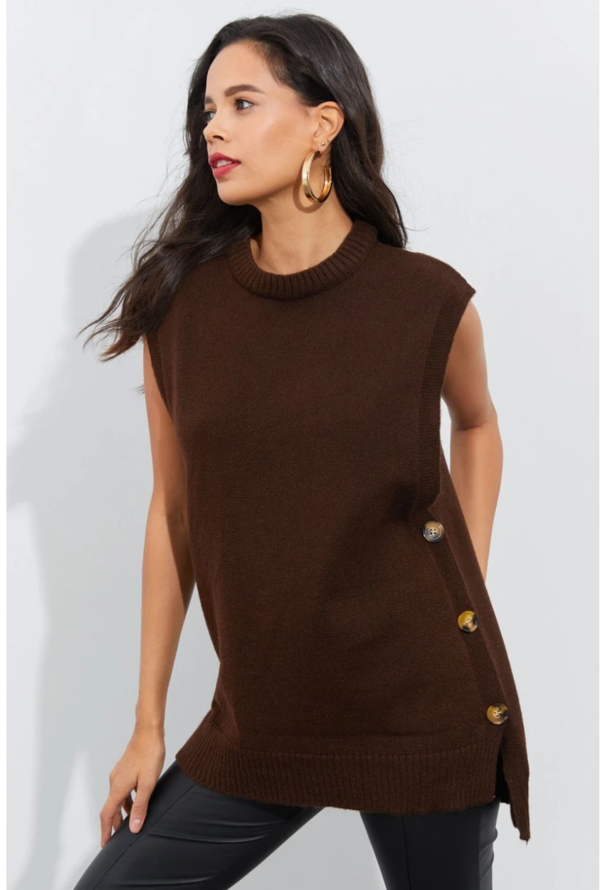 Kadın Kahverengi Yanları Düğmeli Kolsuz Triko Tunik YV75