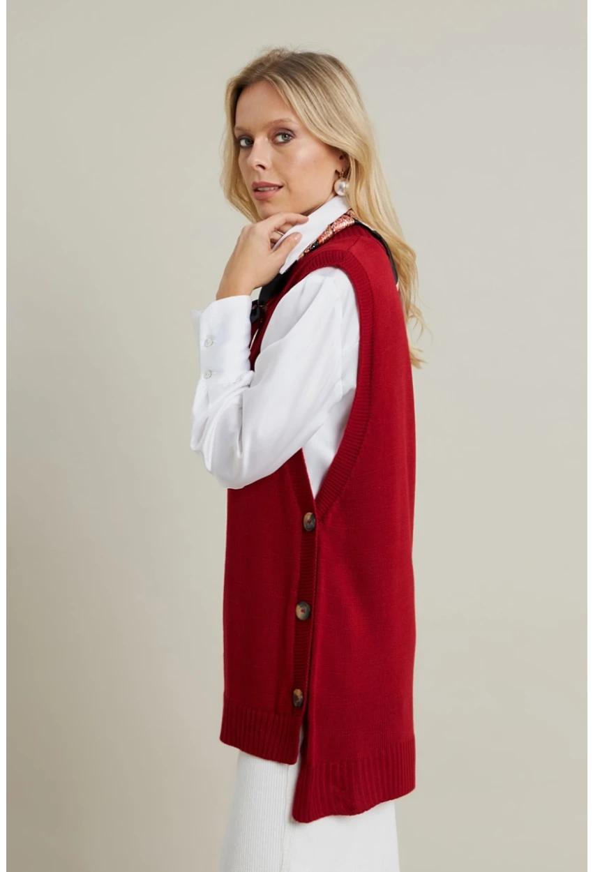 Kadın Kiremit Yanları Düğmeli Kolsuz Triko Tunik MYV75