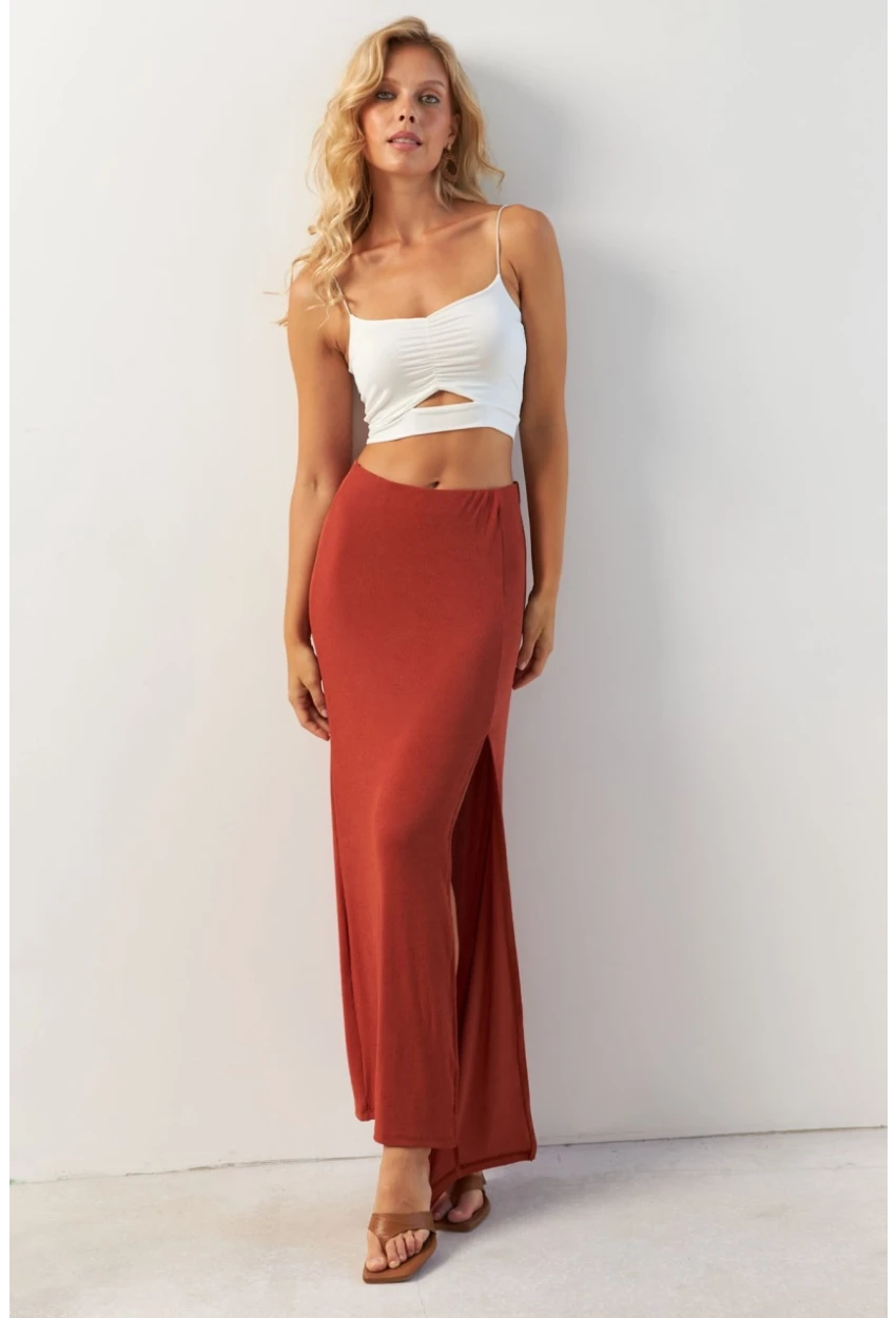 Kadın Kiremit Yırtmaçlı Maxi Etek AYD370