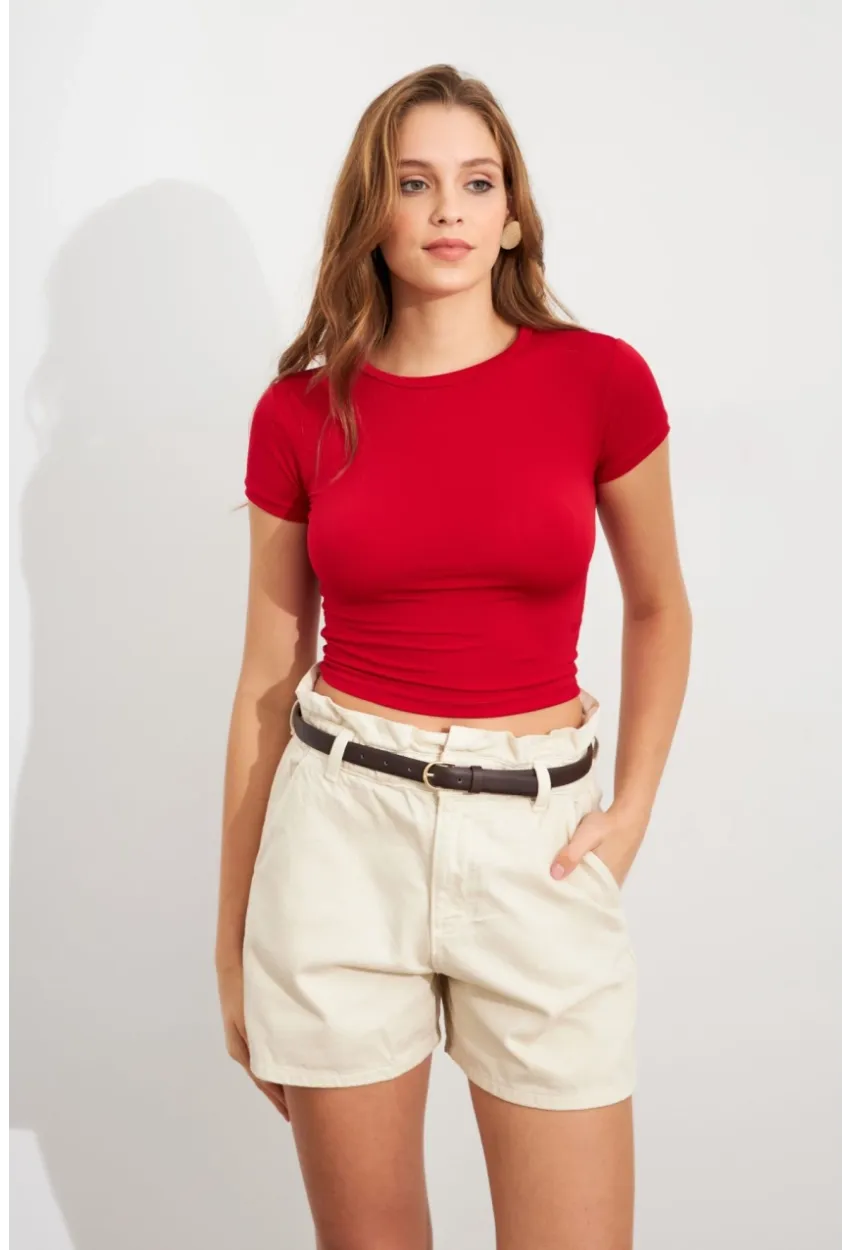 Kadın Kırmızı Basic Kısa Kollu Bluz UG2444