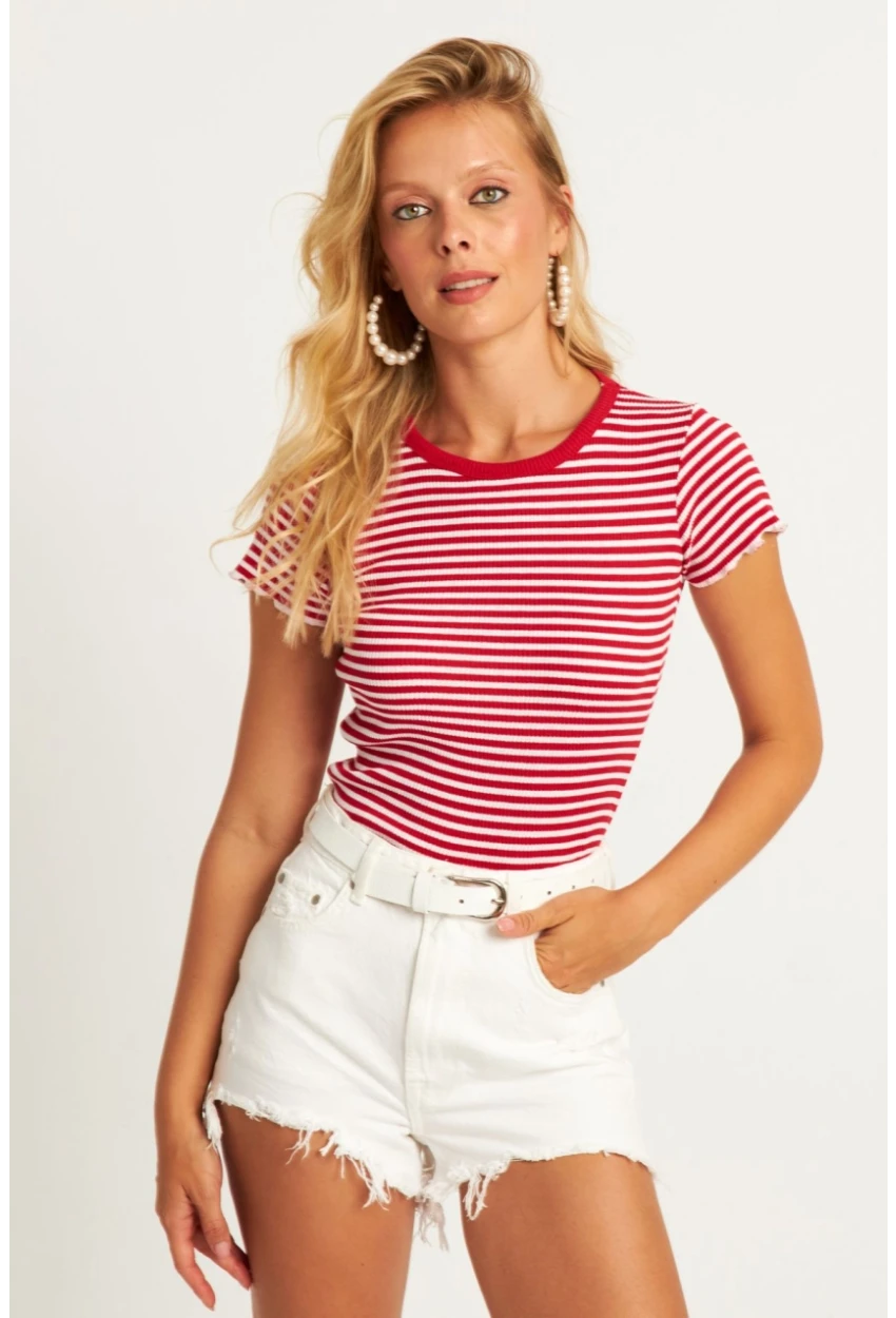 Kadın Kırmızı-Beyaz Çizgili Bluz XL2005