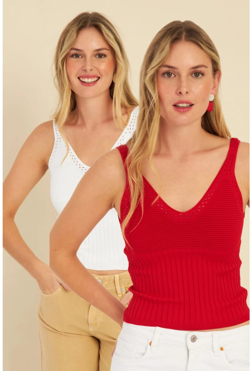 Kadın Kırmızı-Beyaz İkili V Yaka Triko Bluz SMT227