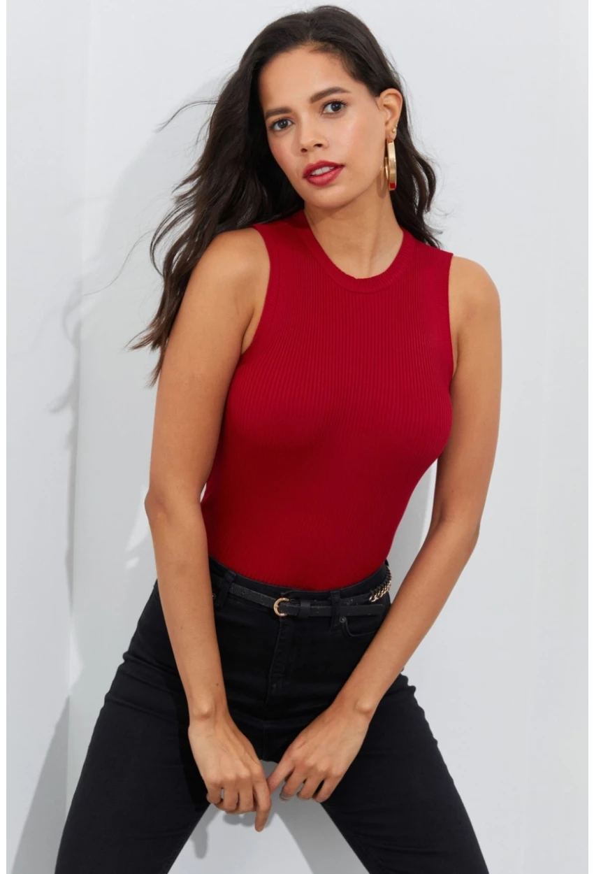 Kadın Kırmızı Bisiklet Yaka Triko Bluz YV91
