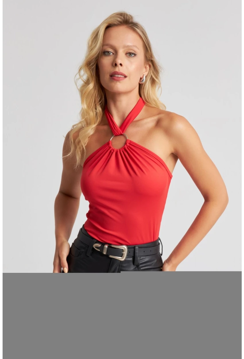 Kadın Kırmızı Boyun Bağlamalı Halkalı Crop Bluz EY2674