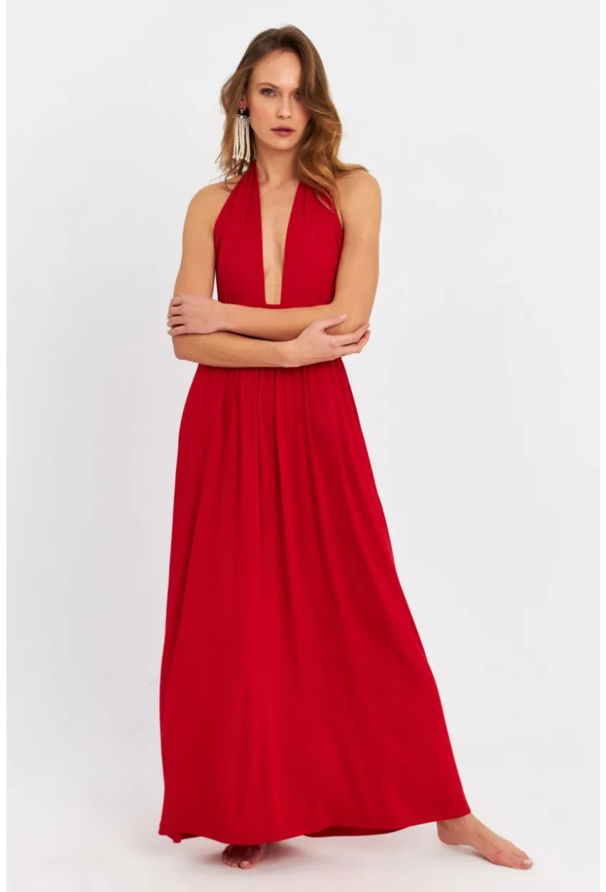Kadın Kırmızı Boyun Bağlamalı Maxi Elbise EY3075