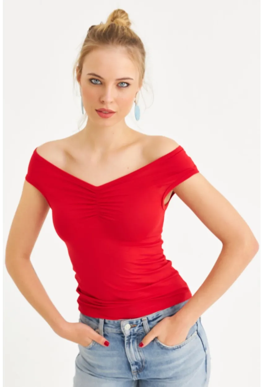 Kadın Kırmızı Büzgülü Bluz EY3083