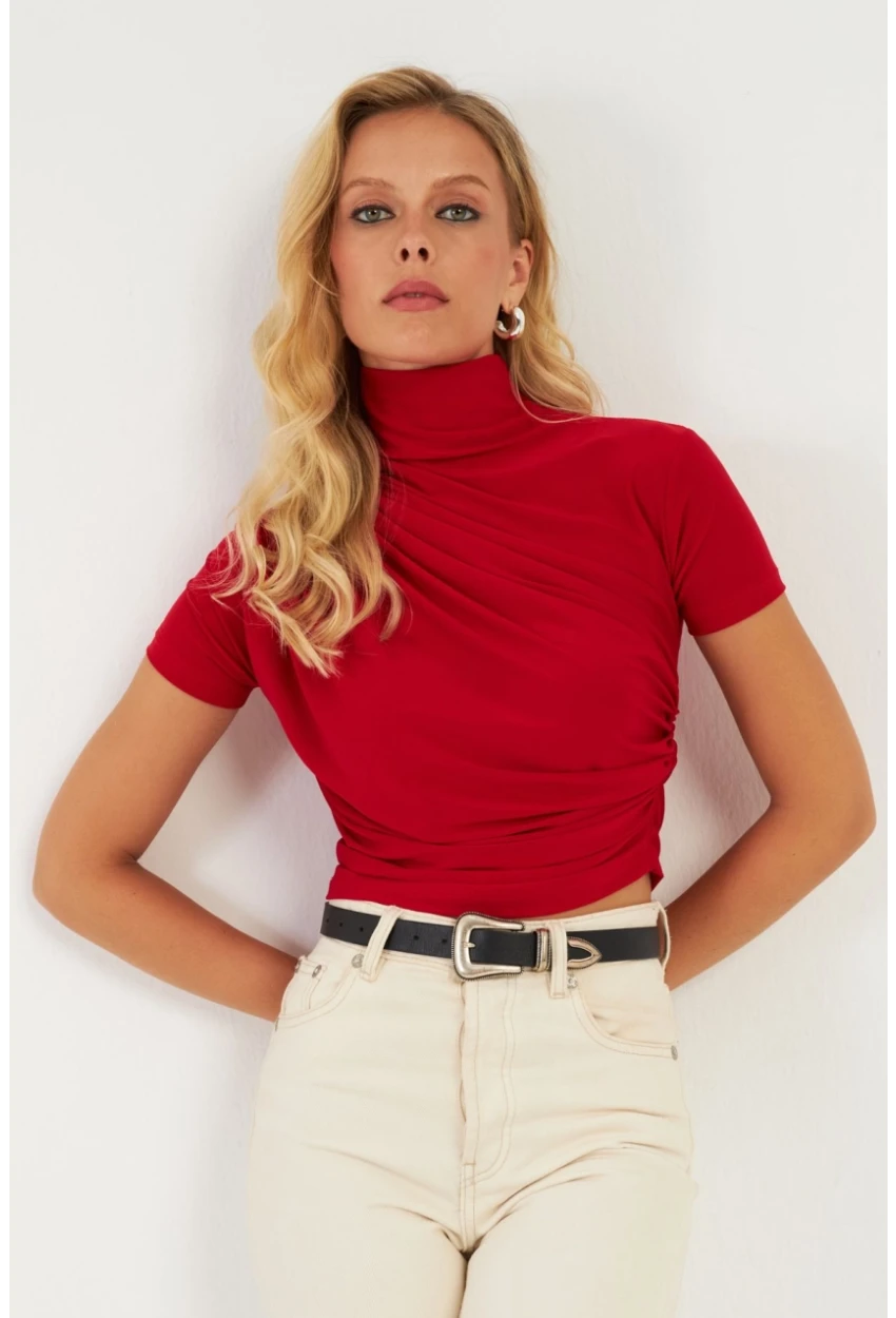 Kadın Kırmızı Büzgülü Bluz LPP1287