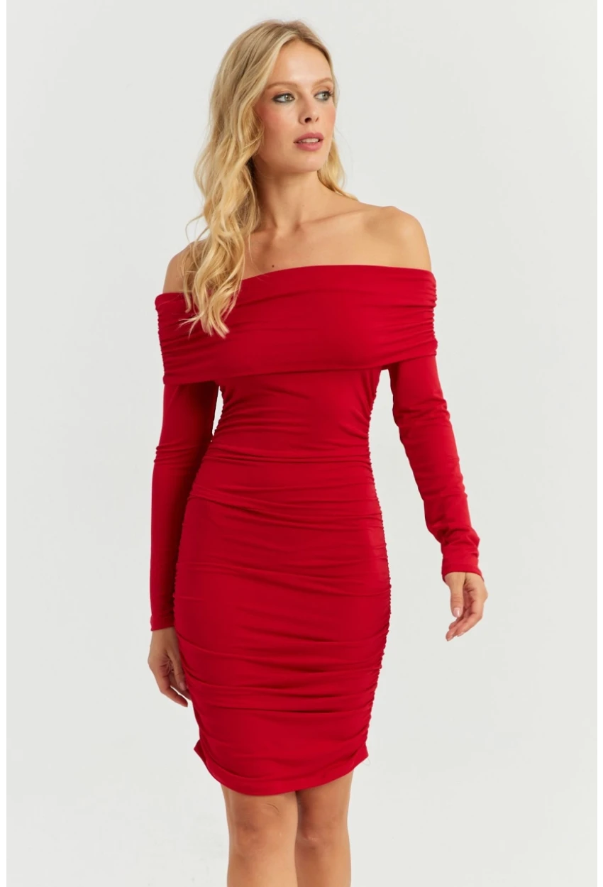 Kadın Kırmızı Büzgülü Madonna Mini Elbise MON1118