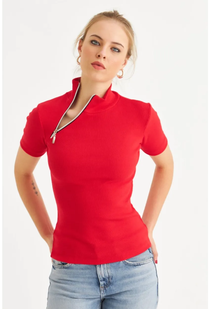 Kadın Kırmızı Çapraz Fermuarlı Kaşkorse Bluz EY3000